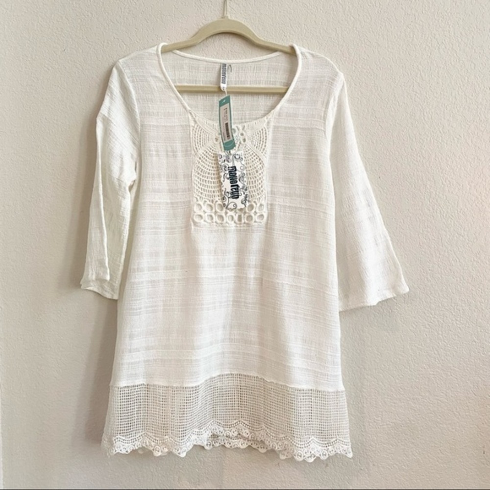 NWT Monoreno Stitch Fix White SZ Small Crocheted 100% Cotton Boho Tunic Top